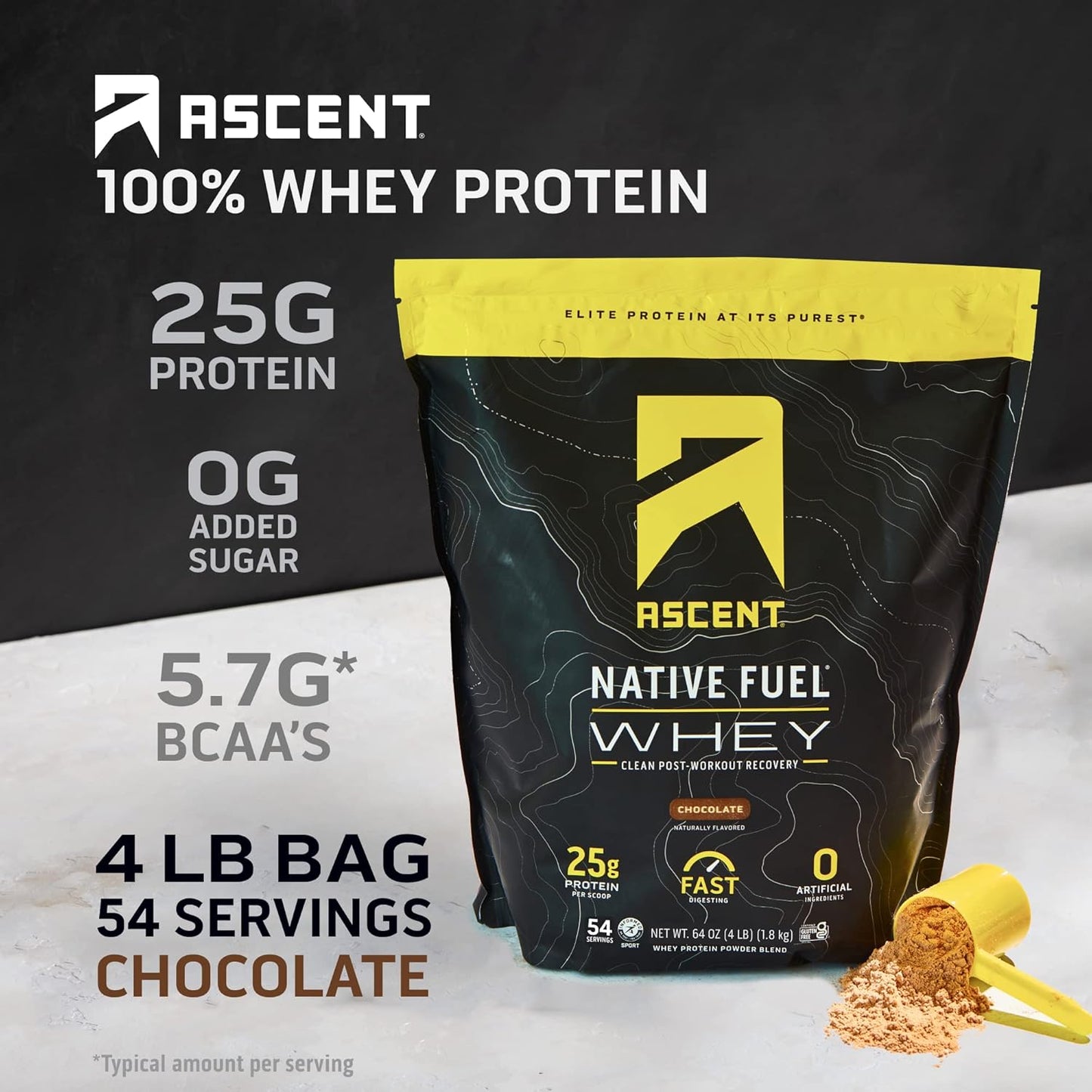 4 lb Chocolate Whey Protein Powder with 18 Servings of Plant Protein - Ascent Brand