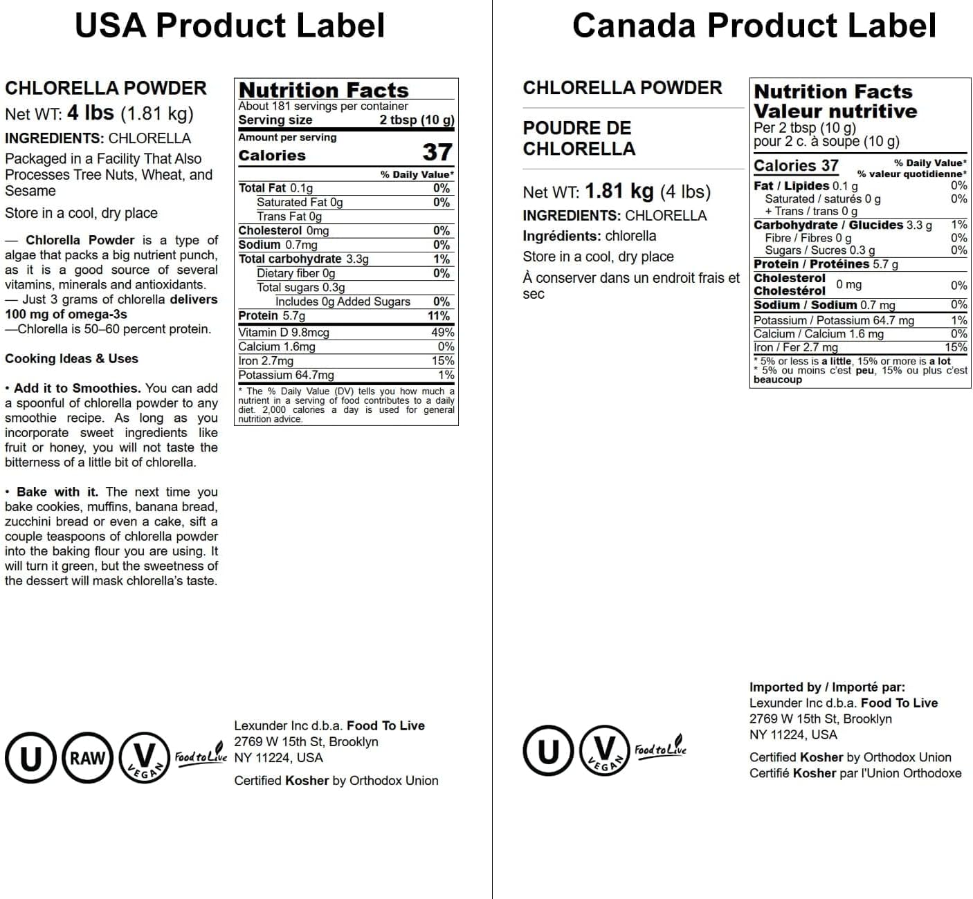 4 lbs of Kosher Chlorella Powder - Raw Vegan Superfood Rich in Vitamins, Minerals - Ideal for Smoothies, Teas, Drinks