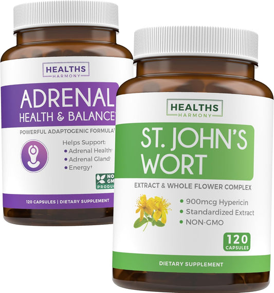 4-Month Supply Mood Harmony Pack: Adrenal Support & St. John's Wort with Hypericin - 120 Capsules of L-Tyrosine & 500mg per Capsule - Healths Harmony