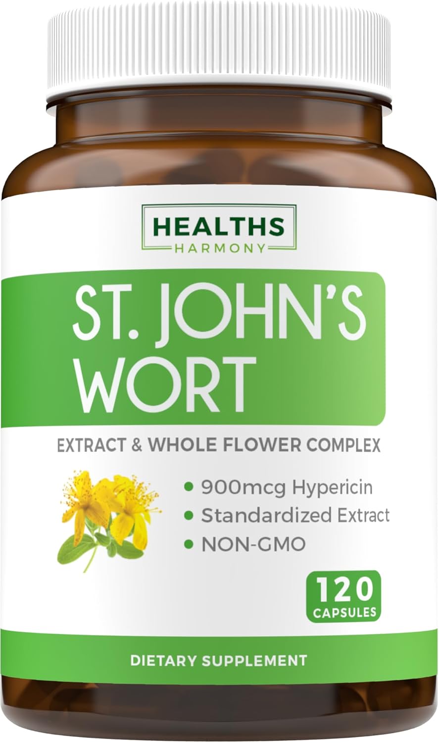 4-Month Supply Mood Harmony Pack: Adrenal Support & St. John's Wort with Hypericin - 120 Capsules of L-Tyrosine & 500mg per Capsule - Healths Harmony