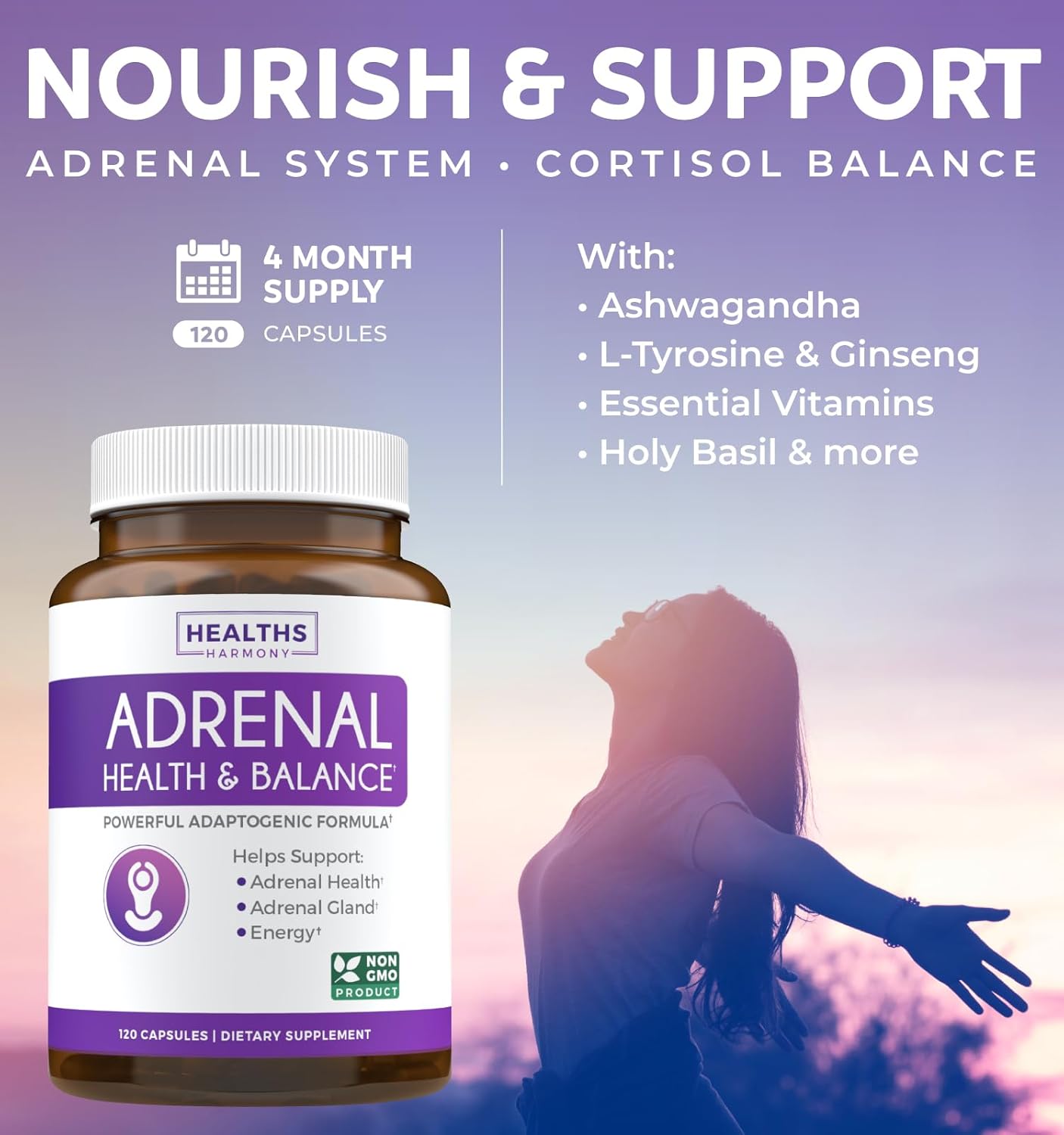 4-Month Supply Mood Harmony Pack: Adrenal Support & St. John's Wort with Hypericin - 120 Capsules of L-Tyrosine & 500mg per Capsule - Healths Harmony