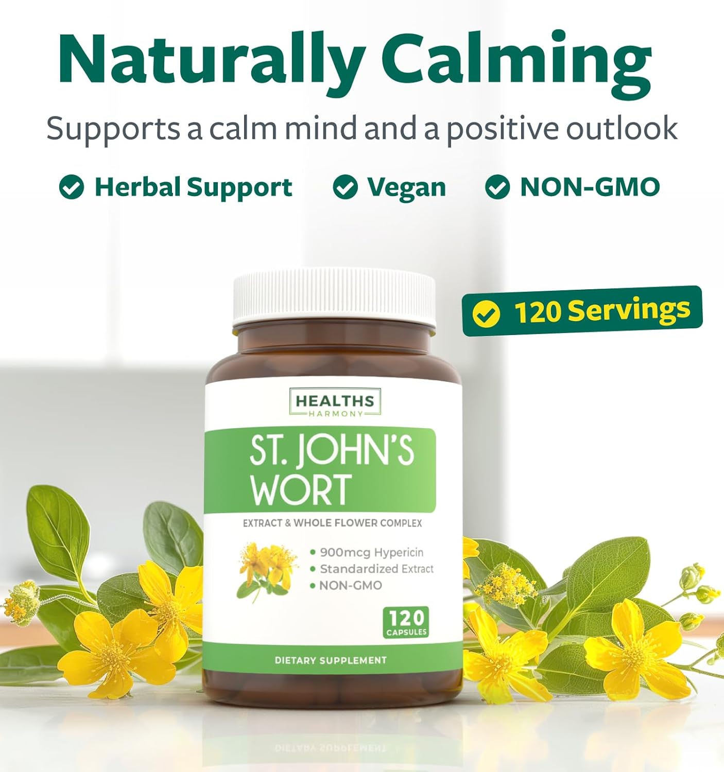 4-Month Supply Mood Harmony Pack: Adrenal Support & St. John's Wort with Hypericin - 120 Capsules of L-Tyrosine & 500mg per Capsule - Healths Harmony