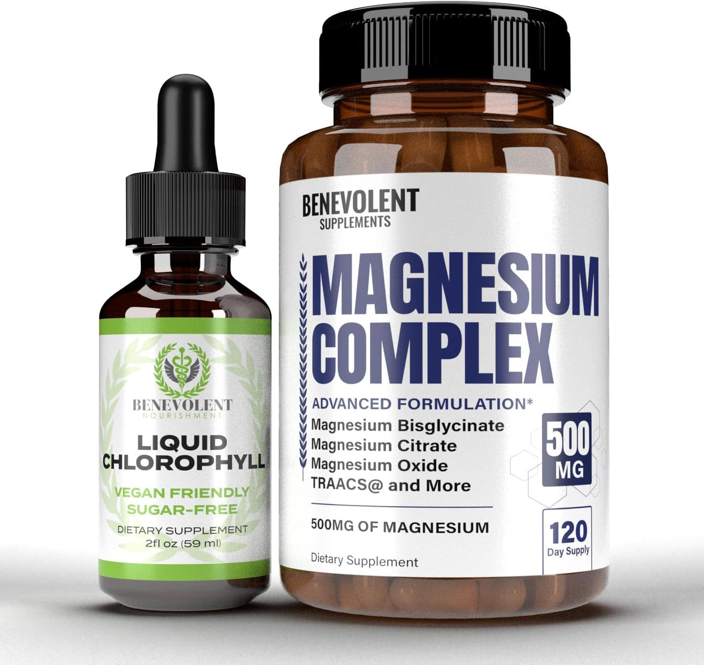 4 Month Supply of Benevolent Nourishment Chlorophyll Liquid Drops & Magnesium Complex - High Potency Formula for Skin Health - 5 Premium Magnesium Forms