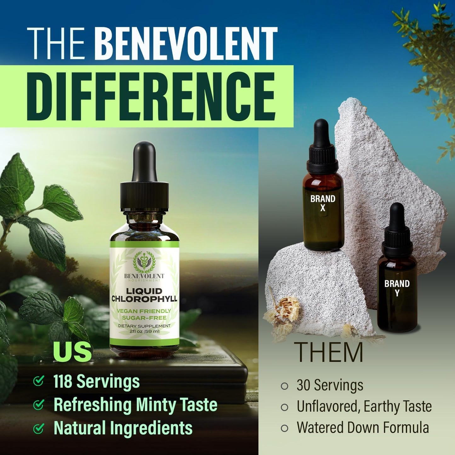 4 Month Supply of Benevolent Nourishment Chlorophyll Liquid Drops & Magnesium Complex - High Potency Formula for Skin Health - 5 Premium Magnesium Forms