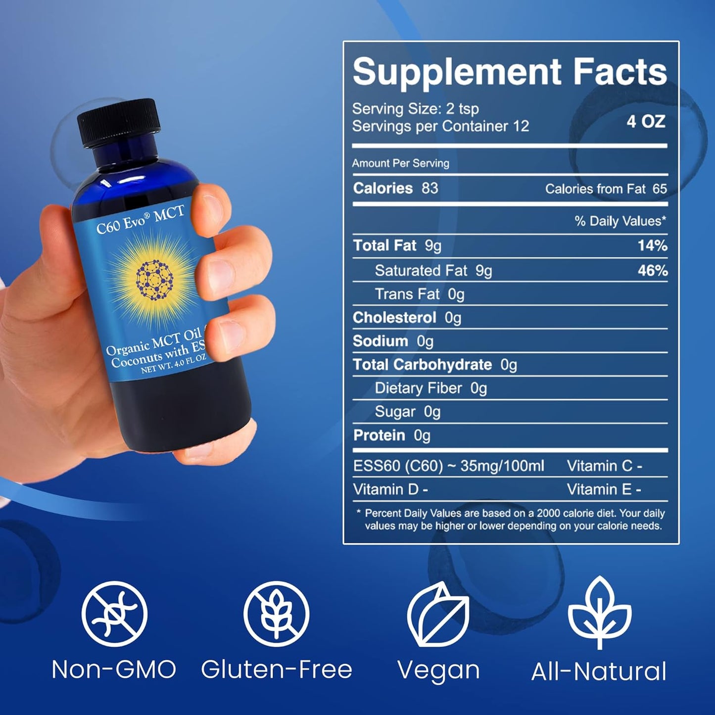 4 oz C60 Evo MCT Oil with C60 ESS60, Immune Support, Antioxidants, Joint Flexibility, Energy Boost - Coconut-based Sleep Aid Supplement