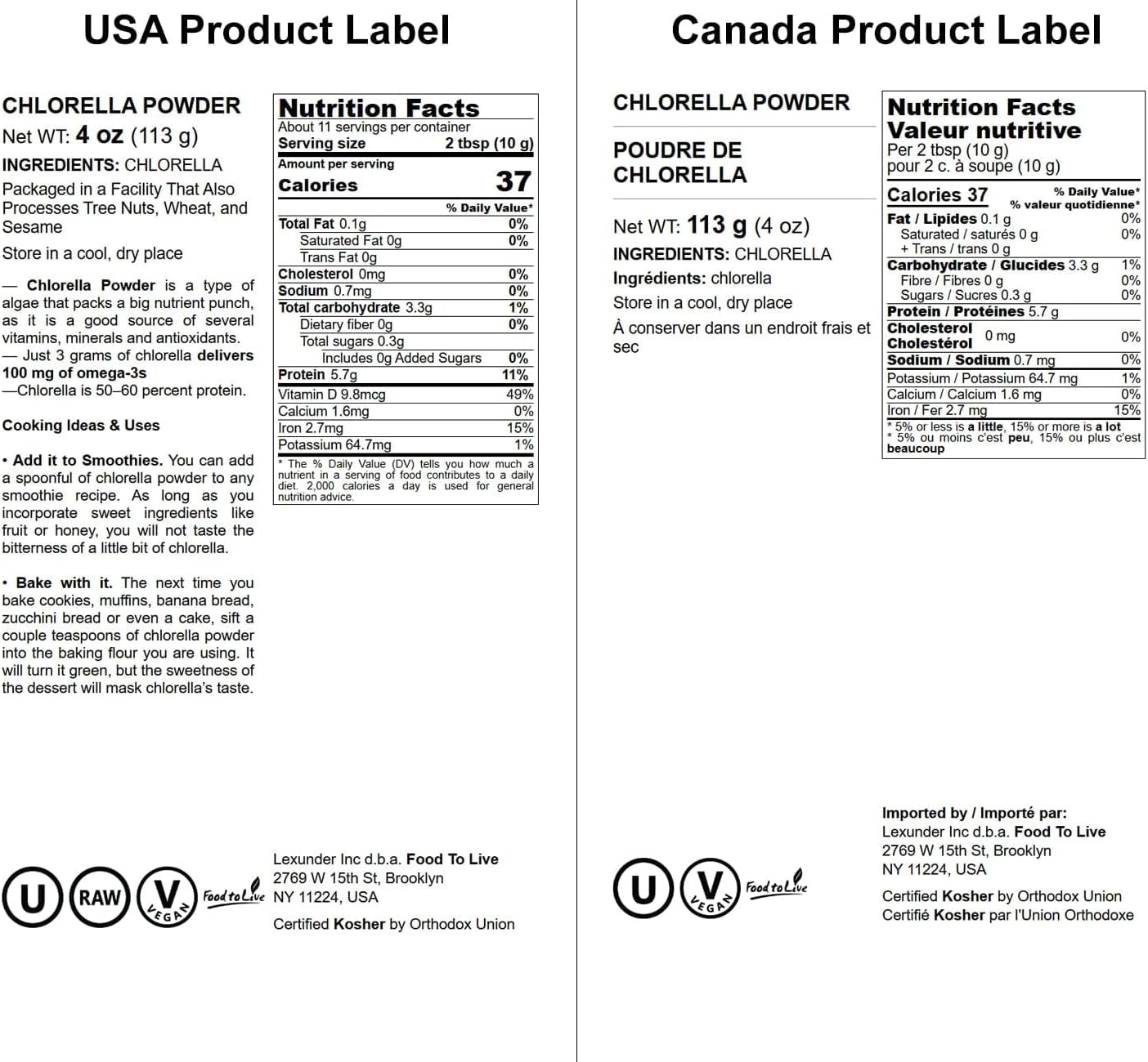 4 oz Food to Live Chlorella Powder - Kosher Raw Green Algae Superfood for Drinks, Teas, Smoothies - Vegan Protein Rich in Vitamins & Minerals