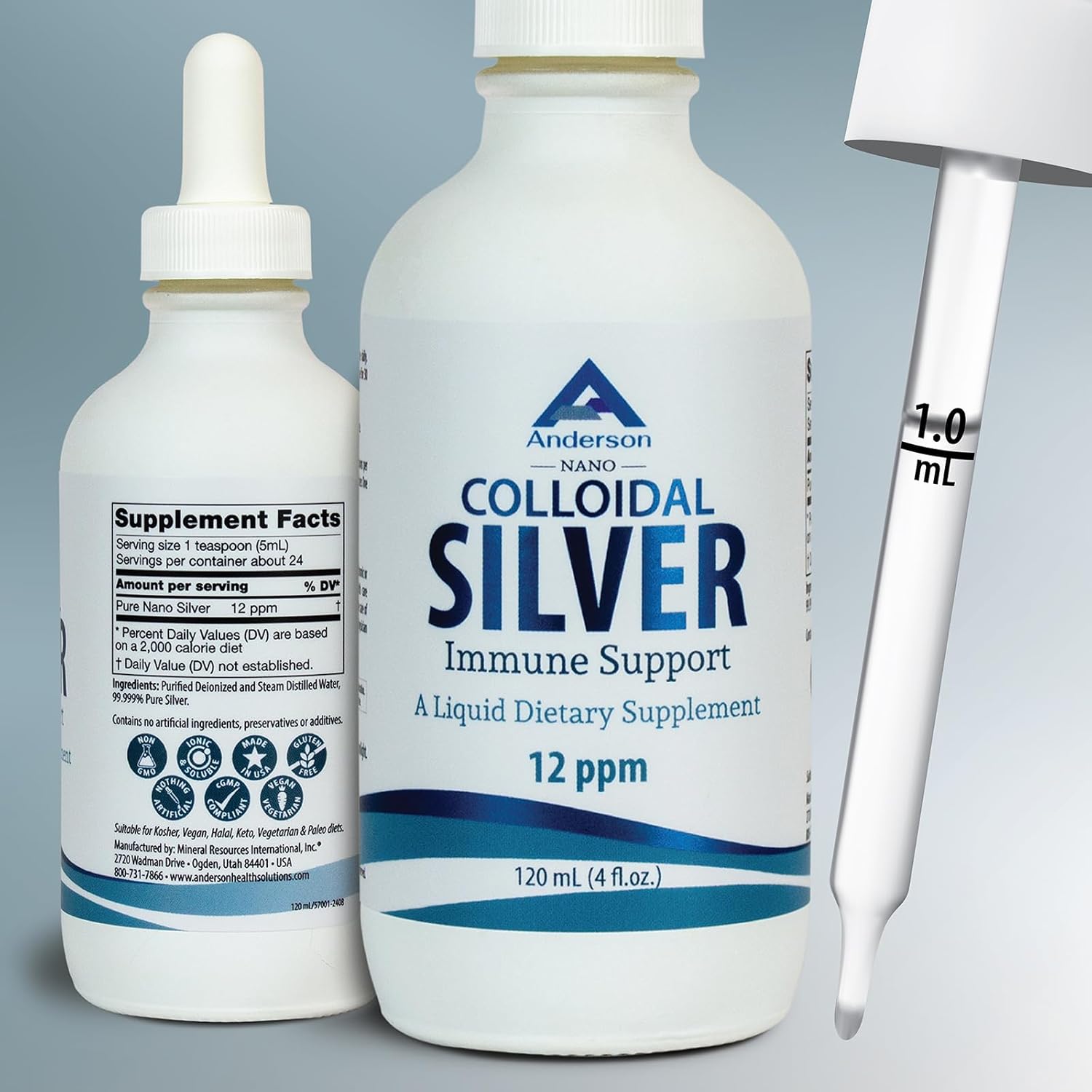 4 Oz Nano Colloidal Silver Liquid - 12 PPM Deionized Silver for Immune Support - Tasteless, 24 Servings - Glass Bottle with Dropper