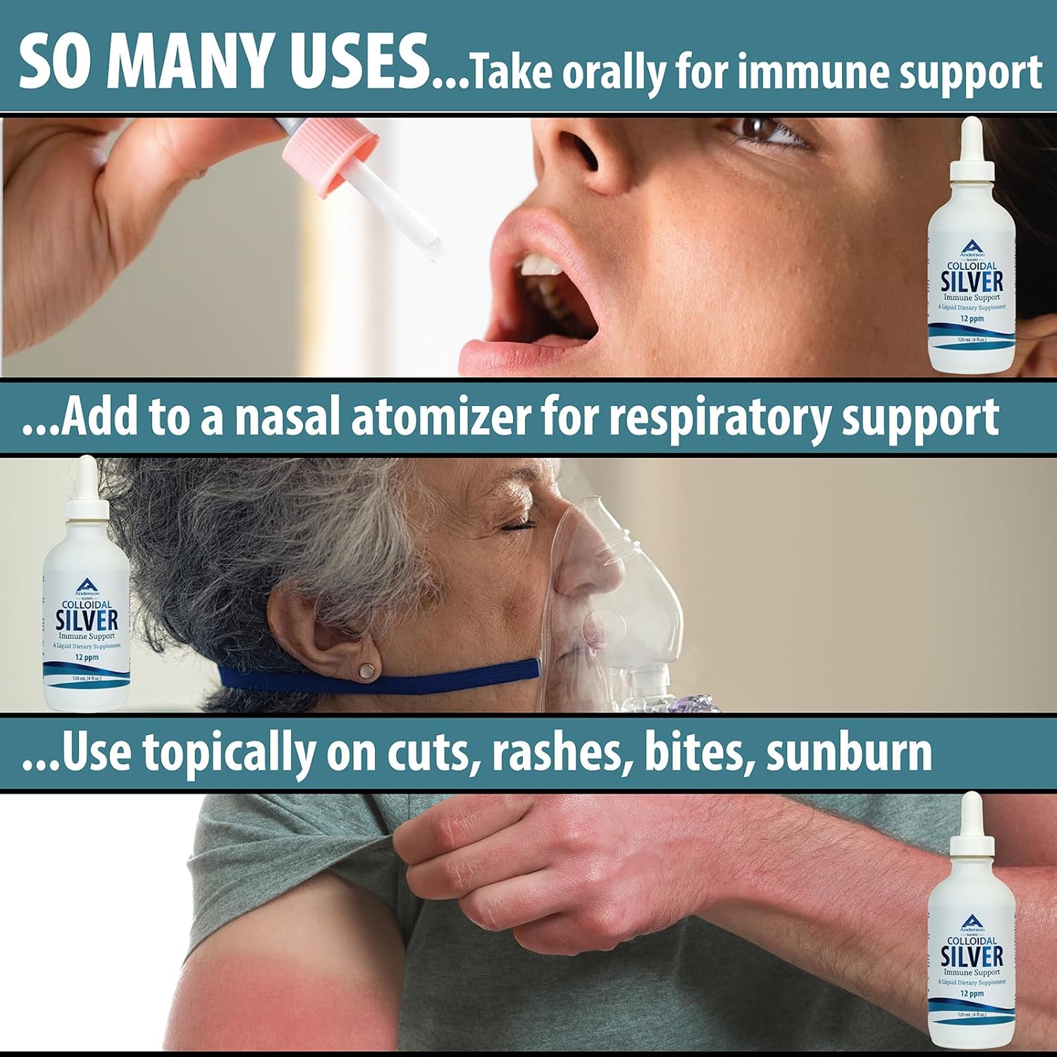 4 Oz Nano Colloidal Silver Liquid - 12 PPM Deionized Silver for Immune Support - Tasteless, 24 Servings - Glass Bottle with Dropper