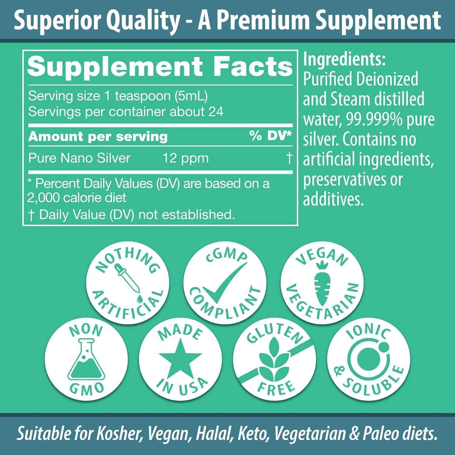 4 Oz Nano Colloidal Silver Liquid - 12 PPM Deionized Silver for Immune Support - Tasteless, 24 Servings - Glass Bottle with Dropper