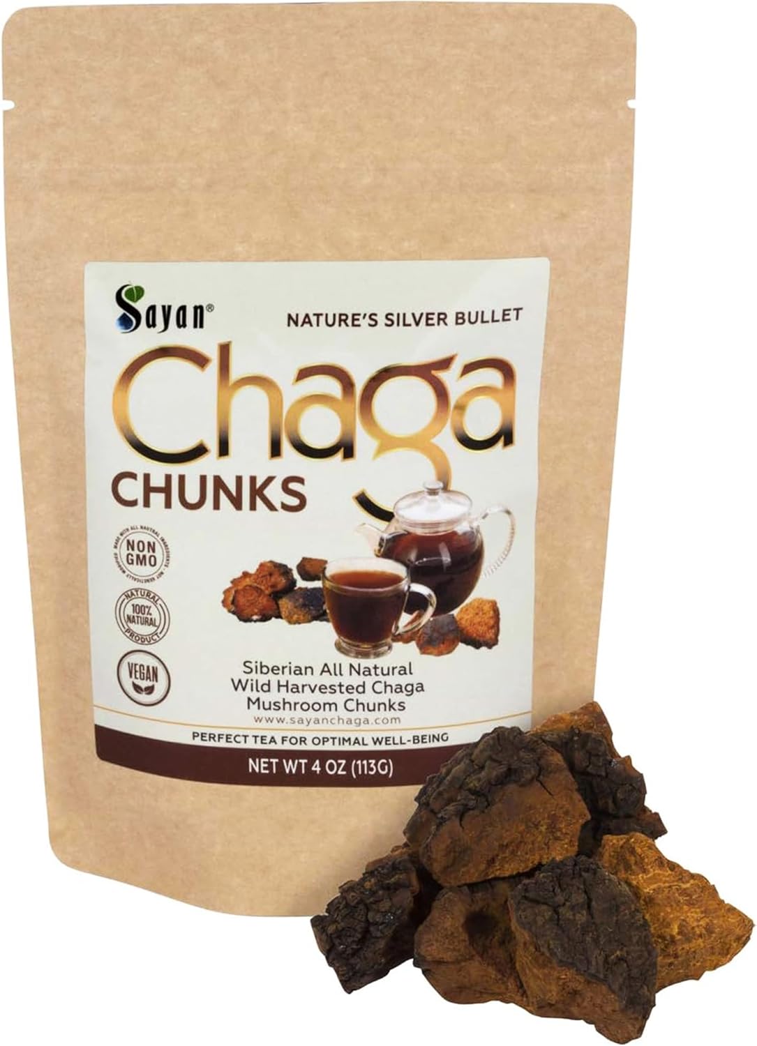4 Oz Sayan Siberian Raw Chaga Mushroom Chunks with Black Crust - Premium Antioxidant Tea for Immune Support, Focus, Digestive Health - Non-GMO