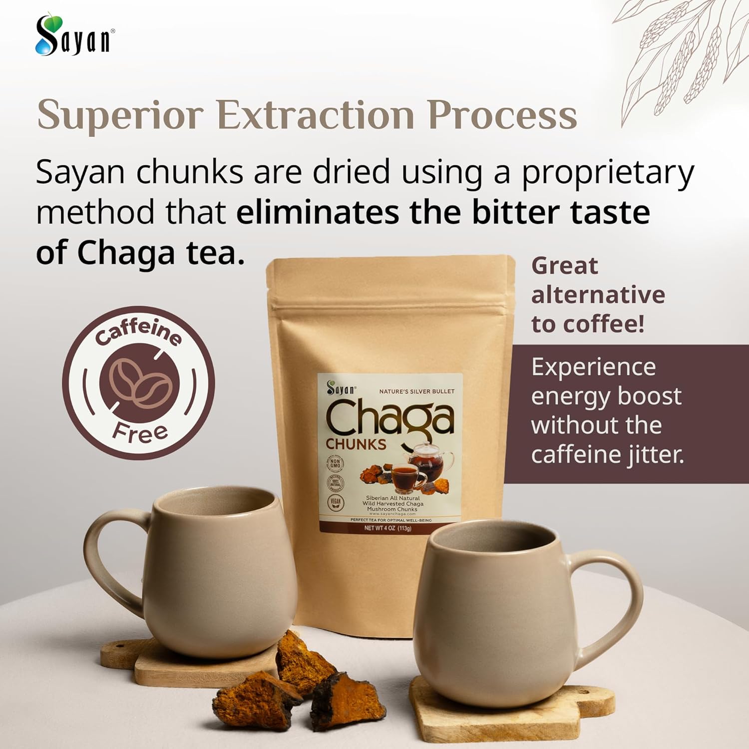 4 Oz Sayan Siberian Raw Chaga Mushroom Chunks with Black Crust - Premium Antioxidant Tea for Immune Support, Focus, Digestive Health - Non-GMO