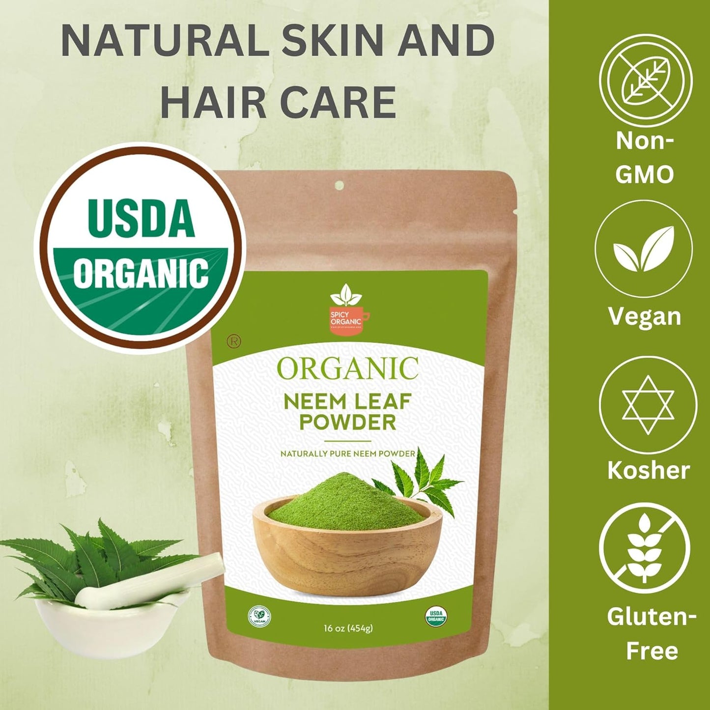 4 oz. Spicy Organic Neem Powder - USDA Certified, Non-GMO, Fresh Dried Leaves - Hair, Skin, Overall Wellbeing