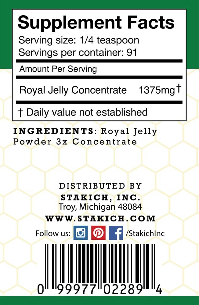 4 oz Stakich Royal Jelly Powder - 3X Concentrate, Freeze Dried, Pure & Natural