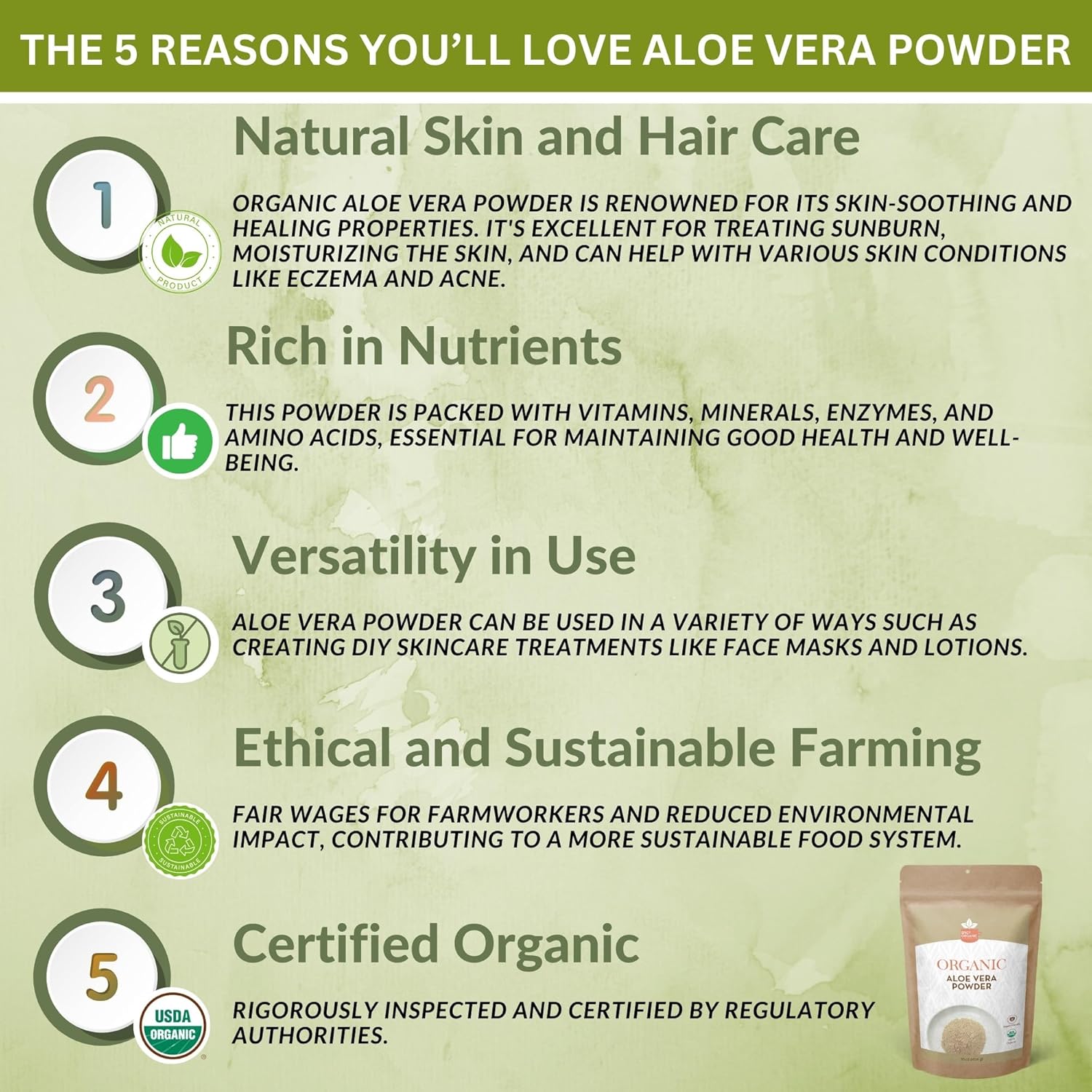 4 oz. USDA Certified Organic Aloe Vera Powder for Skin & Hair - Aloe Barbadensis - Nourishing Face Mask for Natural Beauty - Non-GMO - Spicy Organic