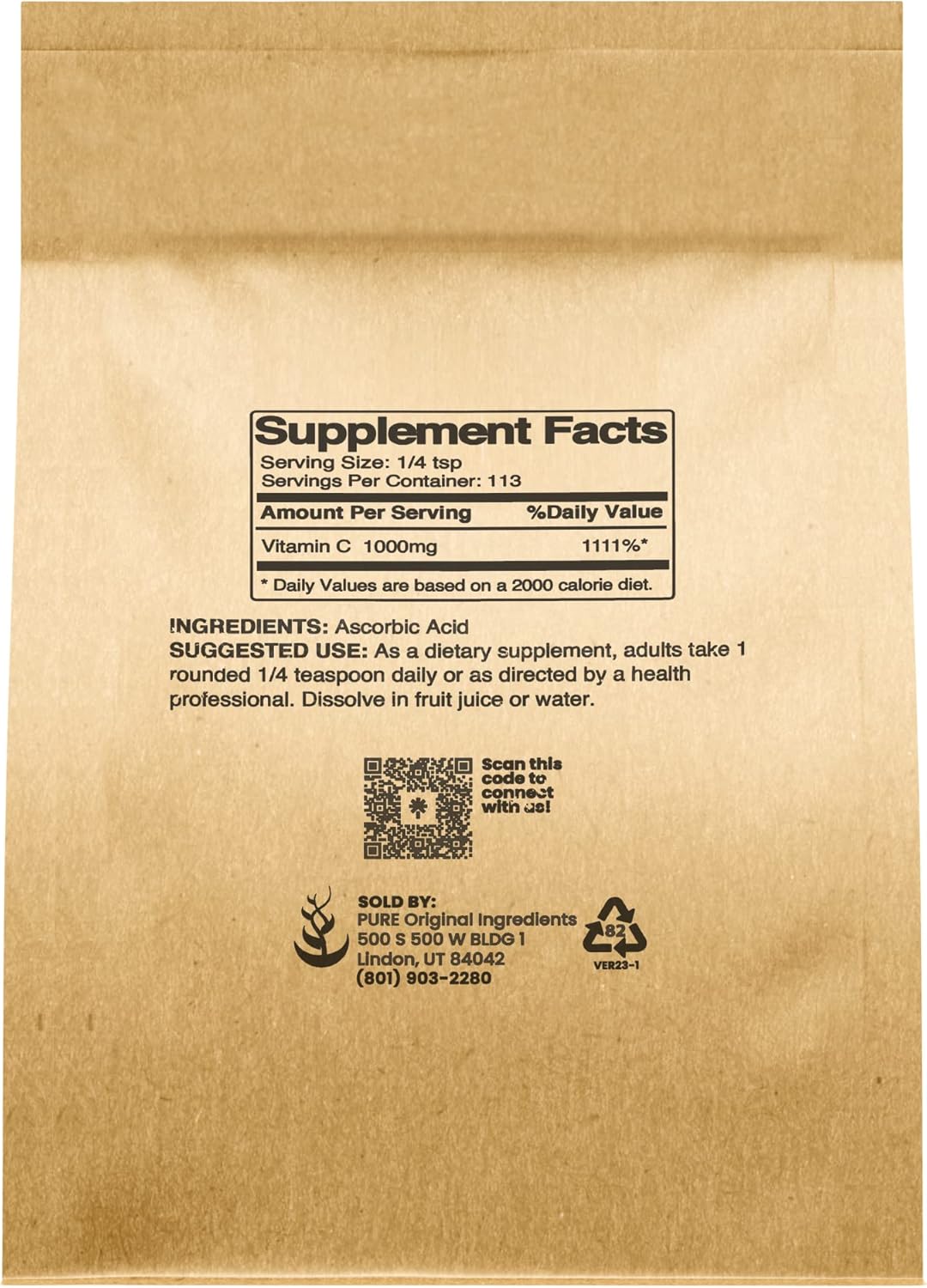 4 oz Vitamin C Powder - Pure Ascorbic Acid, Non-GMO Dietary Supplement