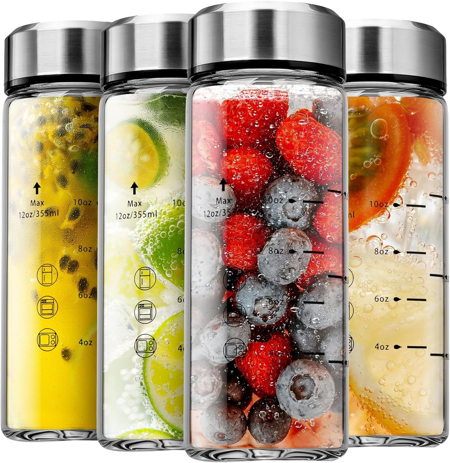 4 Pack 12oz Wide Mouth Glass Juice Bottles with Lids - Perfect for Juicing, Smoothies, Infused Water - BPA Free, Leakproof, Reusable - Borosilicate Glass