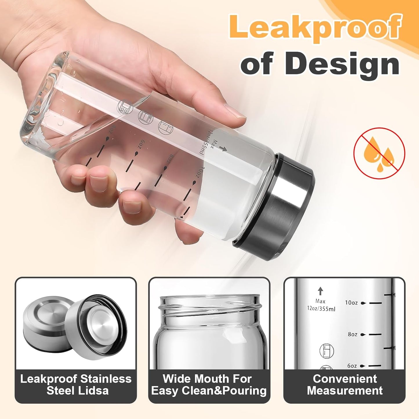 4 Pack 12oz Wide Mouth Glass Juice Bottles with Lids - Perfect for Juicing, Smoothies, Infused Water - BPA Free, Leakproof, Reusable - Borosilicate Glass