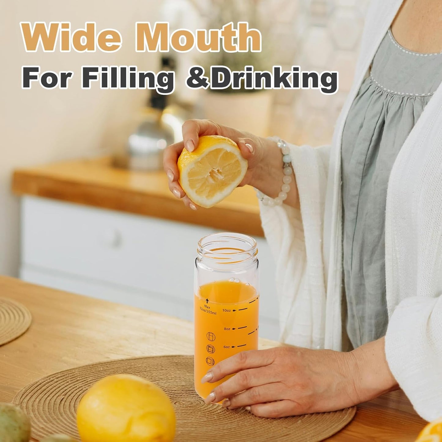 4 Pack 12oz Wide Mouth Glass Juice Bottles with Lids - Perfect for Juicing, Smoothies, Infused Water - BPA Free, Leakproof, Reusable - Borosilicate Glass