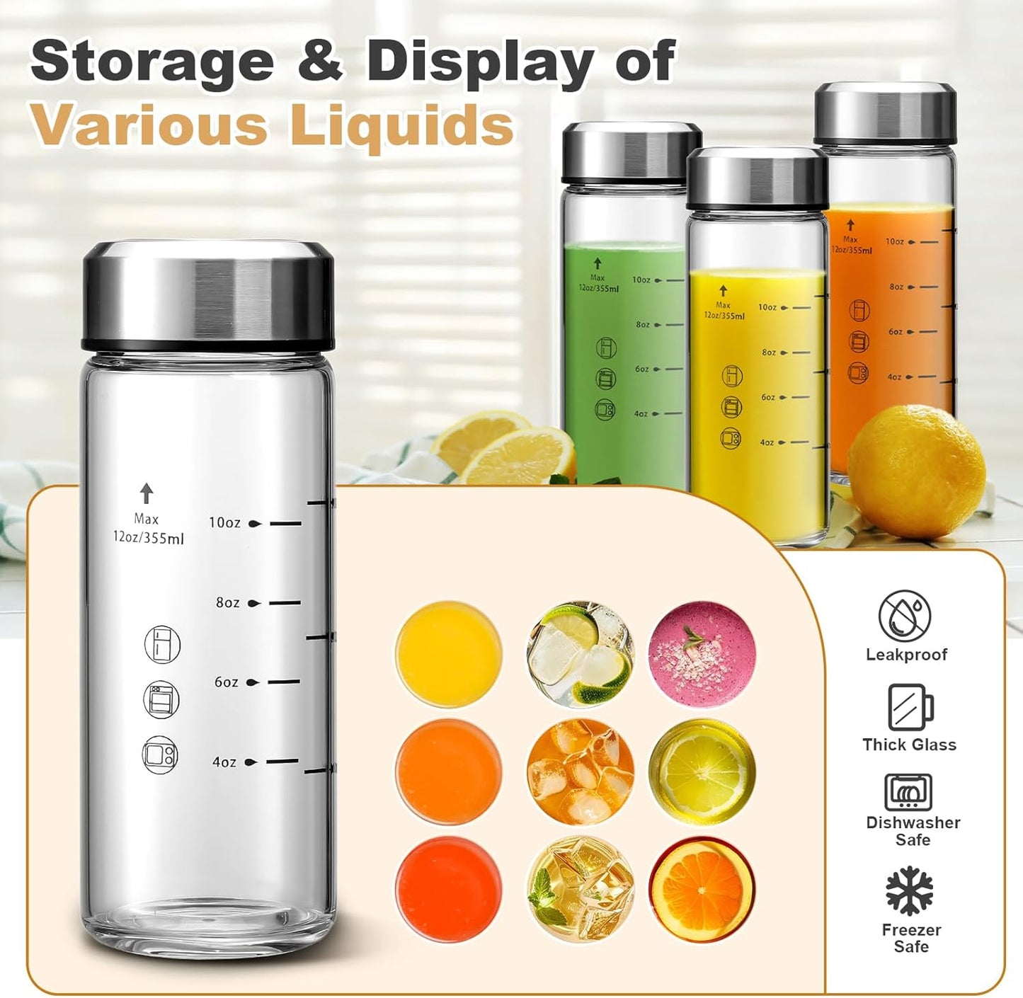 4 Pack 12oz Wide Mouth Glass Juice Bottles with Lids - Perfect for Juicing, Smoothies, Infused Water - BPA Free, Leakproof, Reusable - Borosilicate Glass