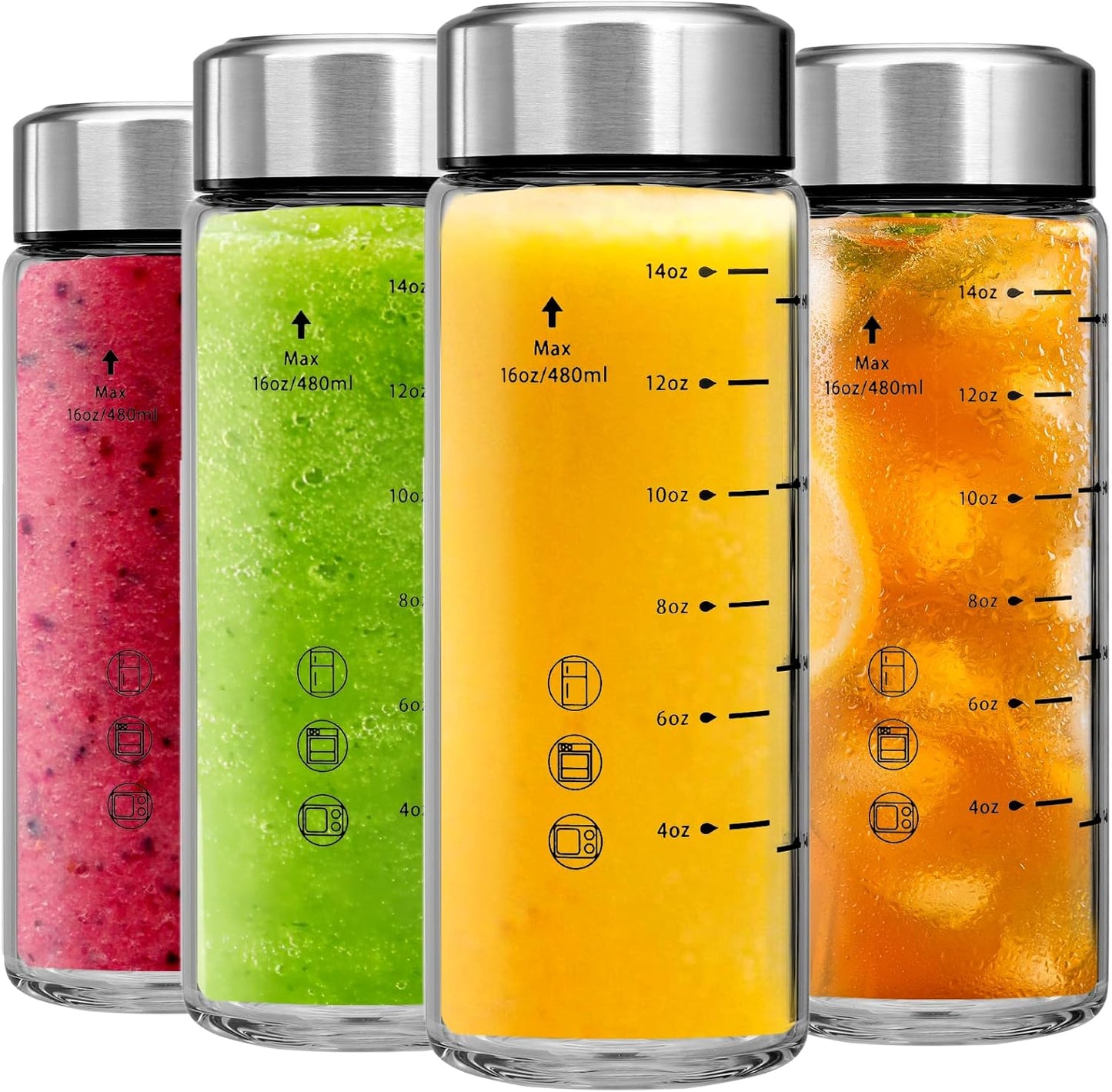 4 Pack 16 oz Glass Juice Bottles with Wide Mouth and Stainless Steel Lids - Leakproof, Reusable, BPA Free - Ideal for Juicing, Smoothies, Infused Water, Beverage Storage