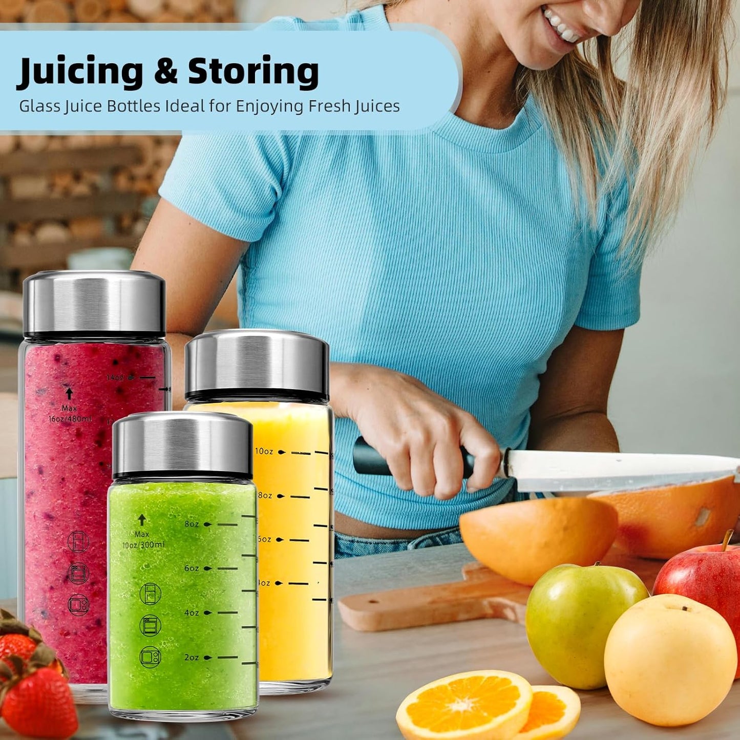 4 Pack 16 oz Glass Juice Bottles with Wide Mouth and Stainless Steel Lids - Leakproof, Reusable, BPA Free - Ideal for Juicing, Smoothies, Infused Water, Beverage Storage
