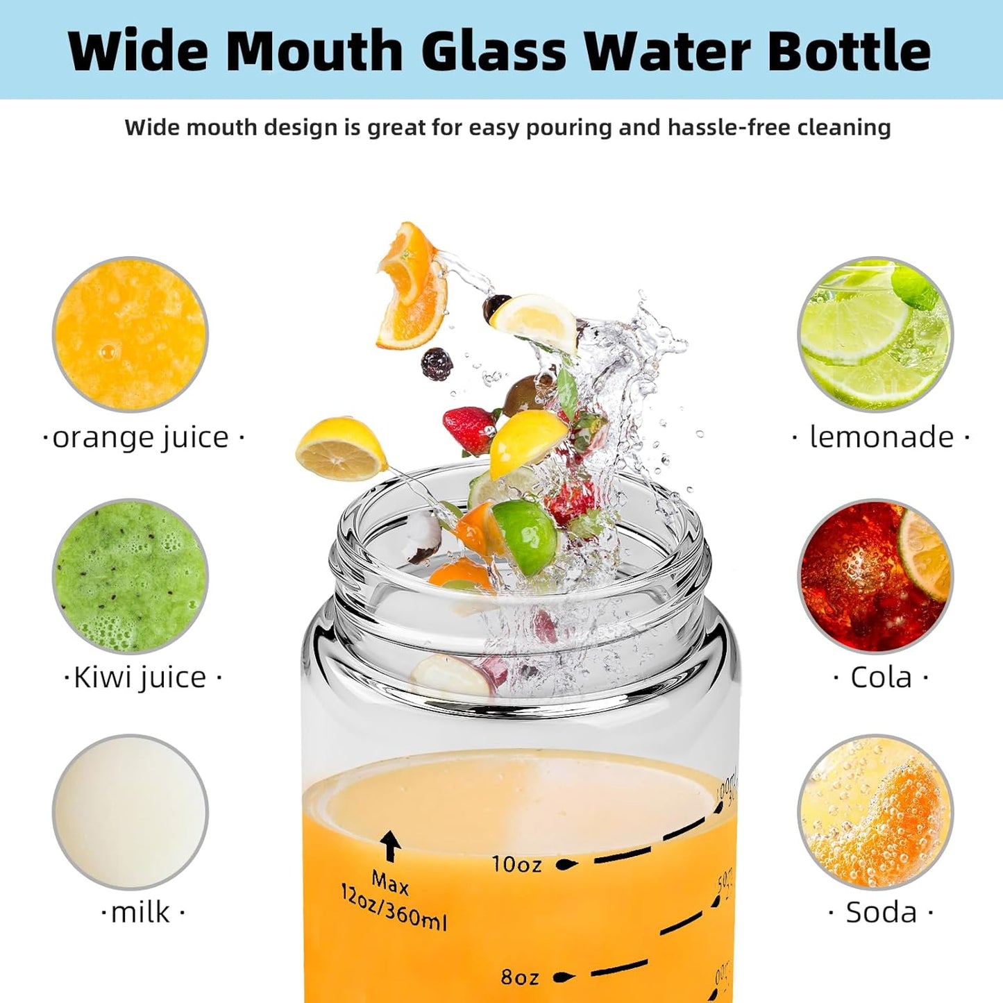 4 Pack 16 oz Glass Juice Bottles with Wide Mouth and Stainless Steel Lids - Leakproof, Reusable, BPA Free - Ideal for Juicing, Smoothies, Infused Water, Beverage Storage