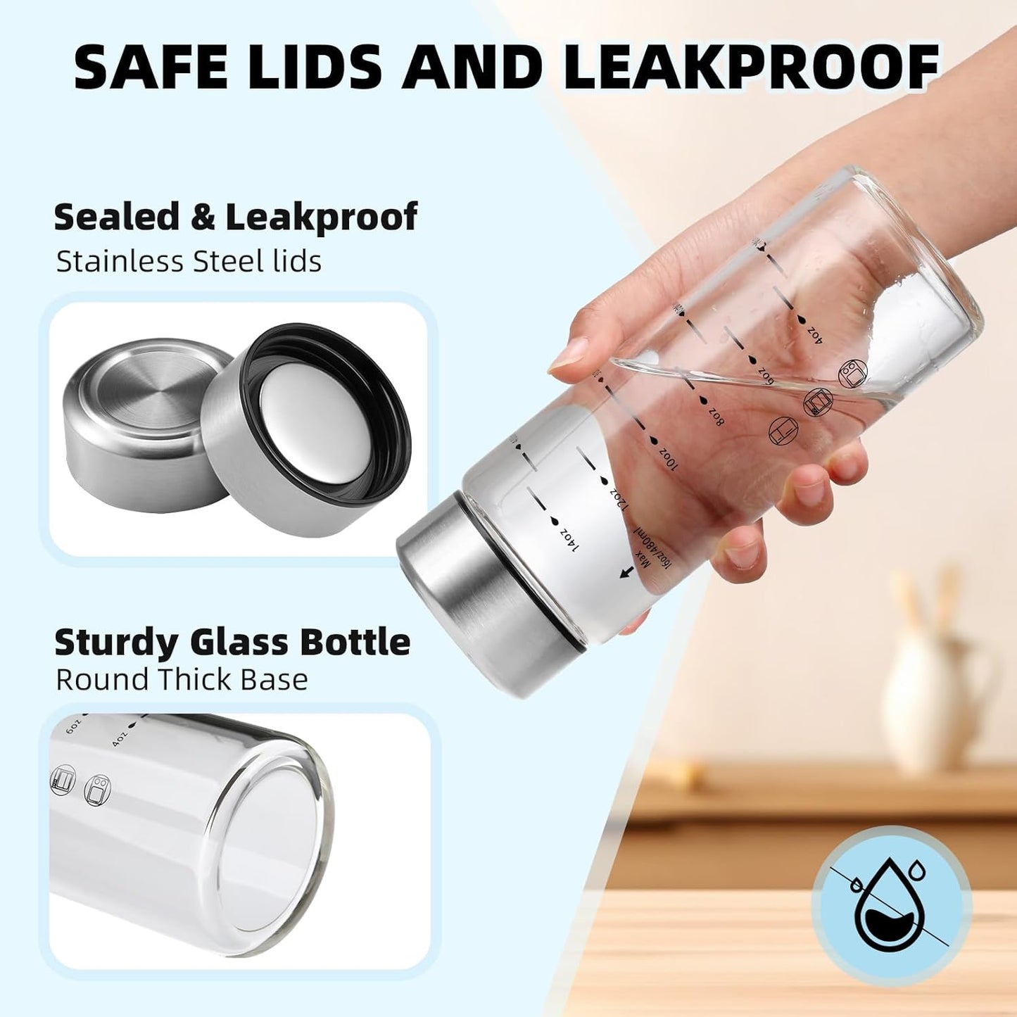 4 Pack 16 oz Glass Juice Bottles with Wide Mouth and Stainless Steel Lids - Leakproof, Reusable, BPA Free - Ideal for Juicing, Smoothies, Infused Water, Beverage Storage