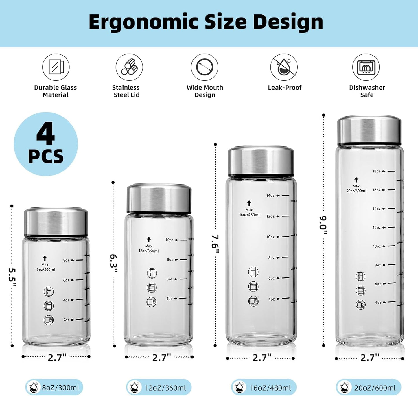 4 Pack 16 oz Glass Juice Bottles with Wide Mouth and Stainless Steel Lids - Leakproof, Reusable, BPA Free - Ideal for Juicing, Smoothies, Infused Water, Beverage Storage