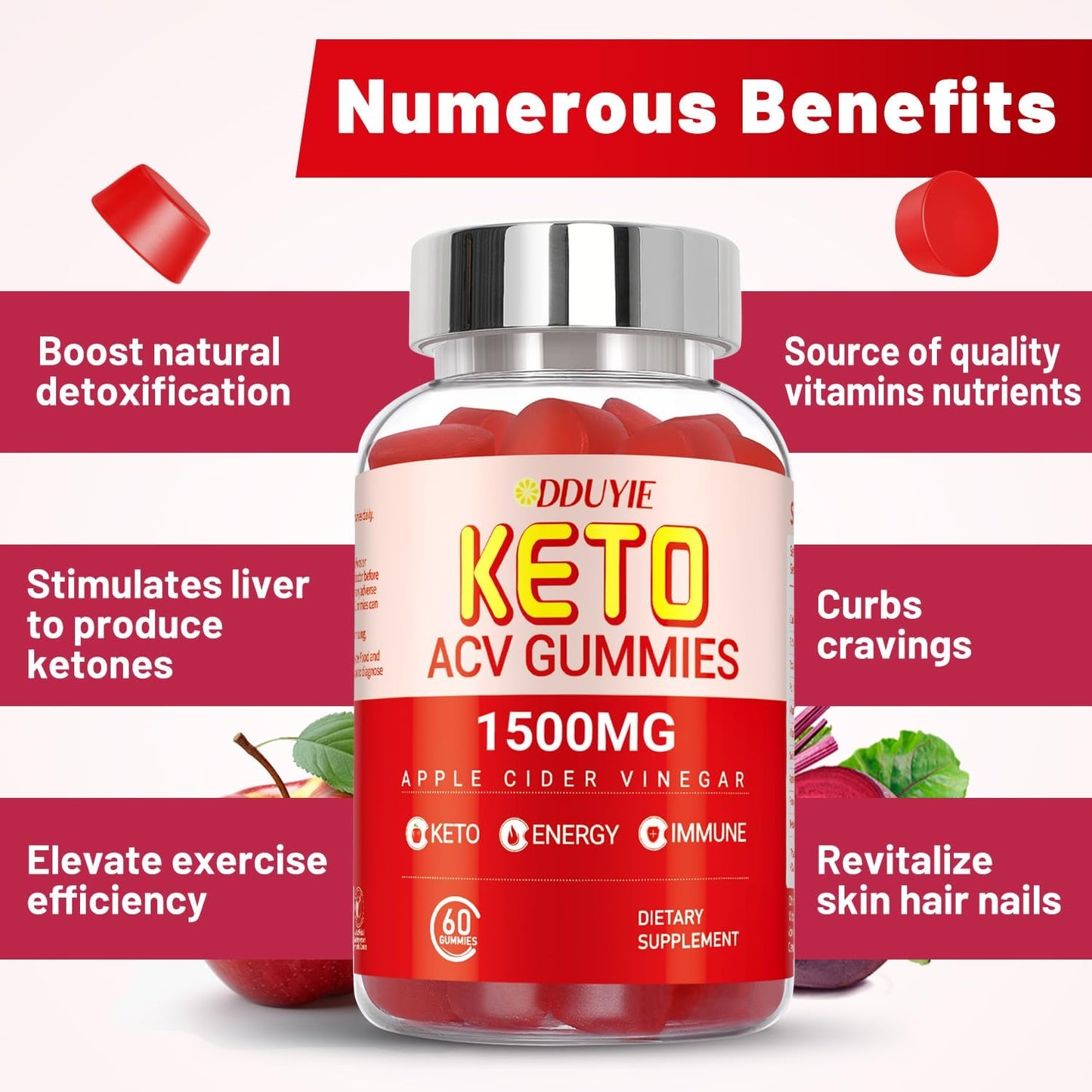 4 Pack Keto ACV Gummies 1500MG with Pomegranate Beet Juice Powder, B12 - Vegan, Non GMO - 240 Gummies