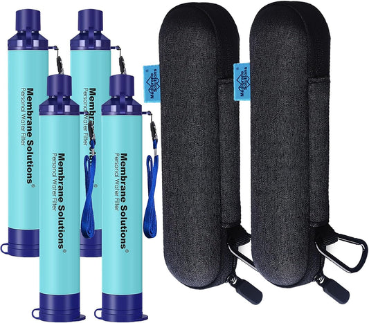 4-Pack Membrane Solutions Personal Water Filter Straw with 2 Carry Cases for Portable Travel & Storage