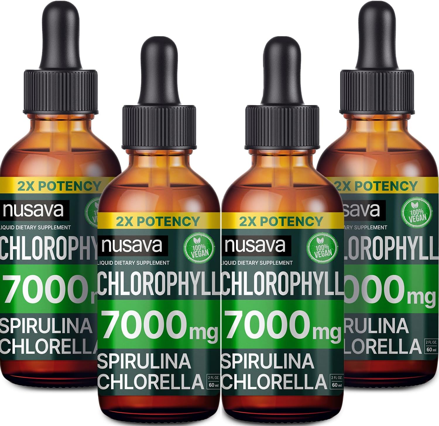 4-Pack NUSAVA Vegan Chlorophyll Liquid Drops 7000mg - Immune Support, Energy Boost, Gut & Skin Health - Internal Deodorant with Spirulina, Chlorella, & Copper - 8 Fl Oz