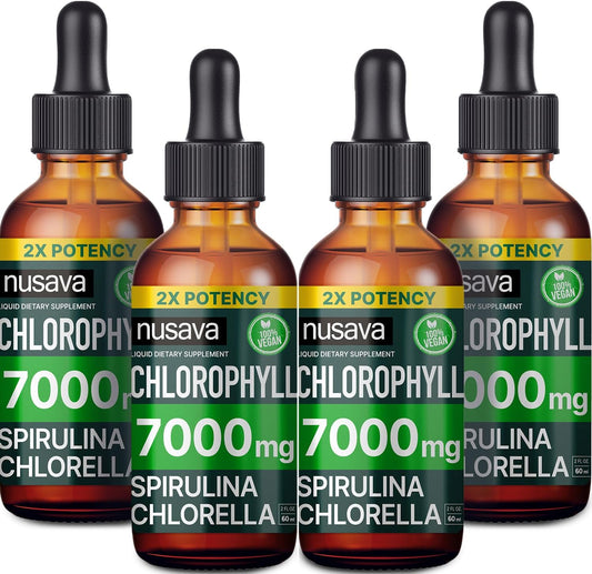 4-Pack NUSAVA Vegan Chlorophyll Liquid Drops 7000mg - Immune Support, Energy Boost, Gut & Skin Health - Internal Deodorant with Spirulina, Chlorella, & Copper - 8 Fl Oz