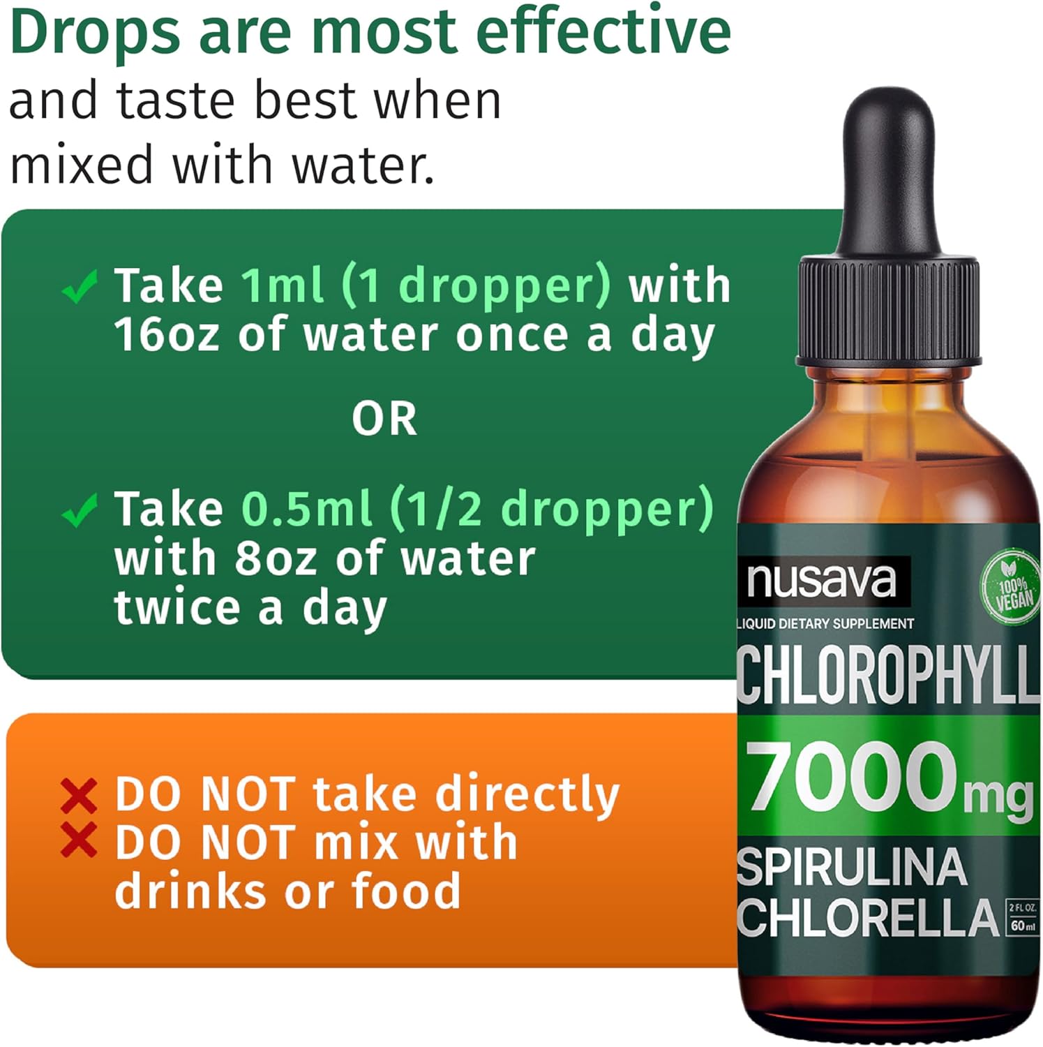 4-Pack NUSAVA Vegan Chlorophyll Liquid Drops 7000mg - Immune Support, Energy Boost, Gut & Skin Health - Internal Deodorant with Spirulina, Chlorella, & Copper - 8 Fl Oz