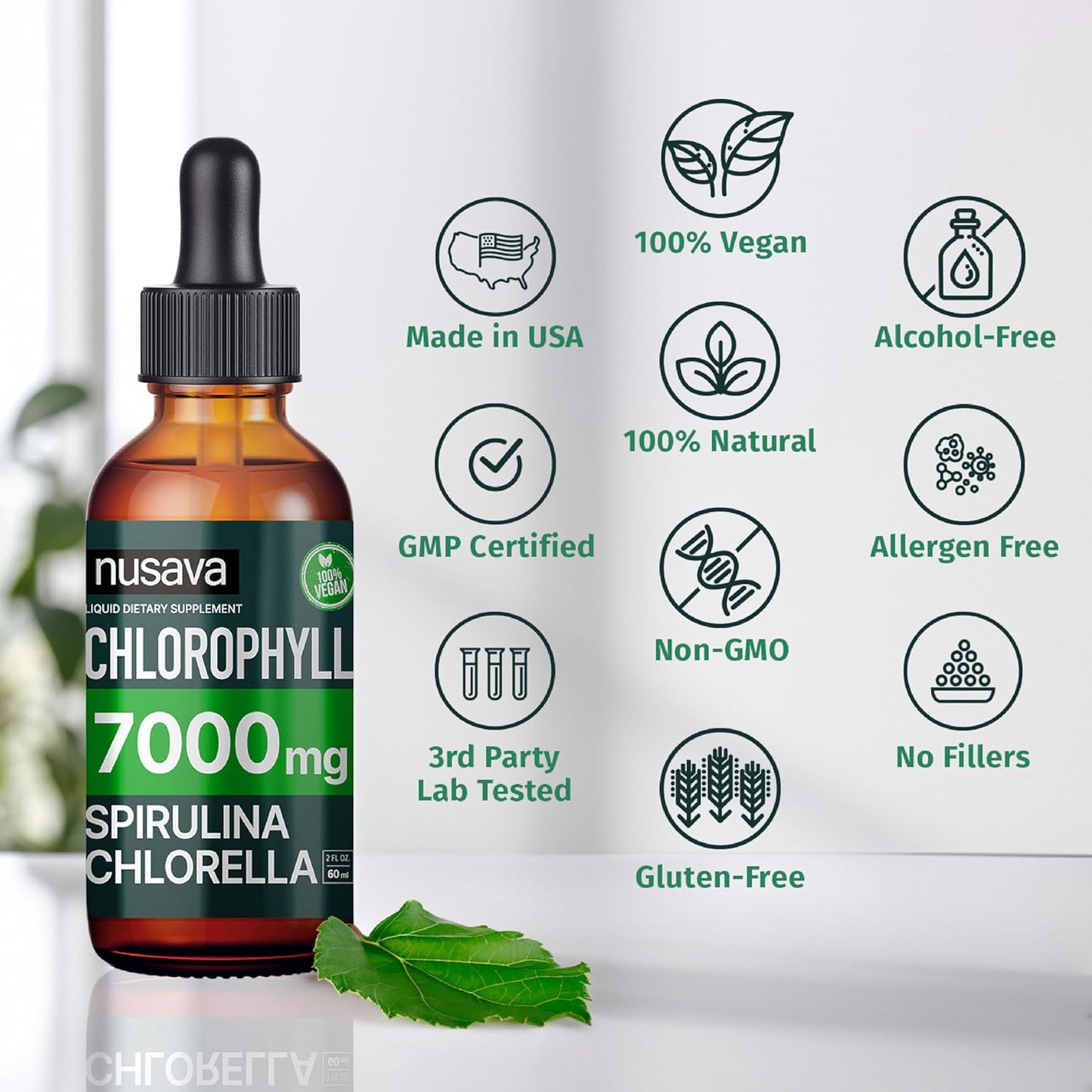 4-Pack NUSAVA Vegan Chlorophyll Liquid Drops 7000mg - Immune Support, Energy Boost, Gut & Skin Health - Internal Deodorant with Spirulina, Chlorella, & Copper - 8 Fl Oz