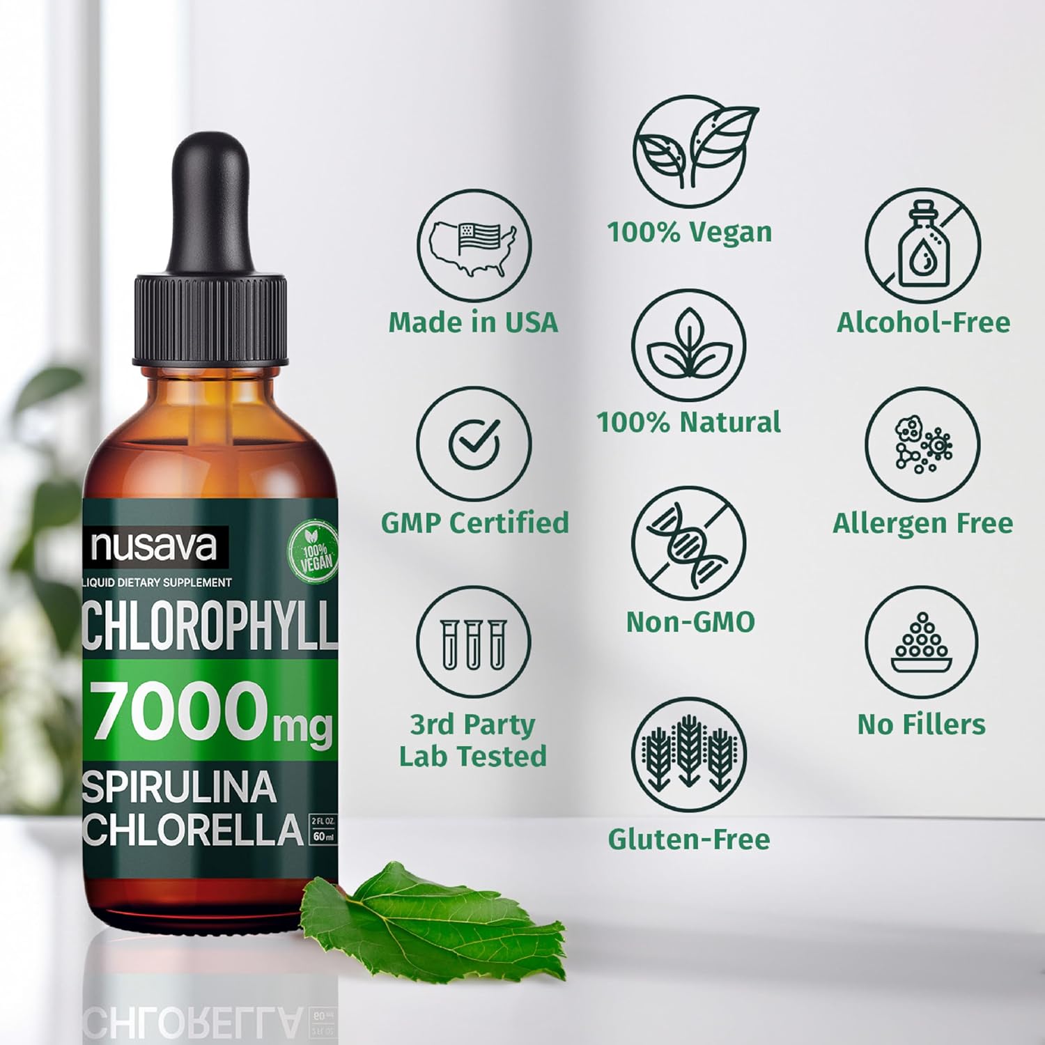4-Pack NUSAVA Vegan Chlorophyll Liquid Drops 7000mg - Immune Support, Energy Boost, Gut & Skin Health - Internal Deodorant with Spirulina, Chlorella, & Copper - 8 Fl Oz