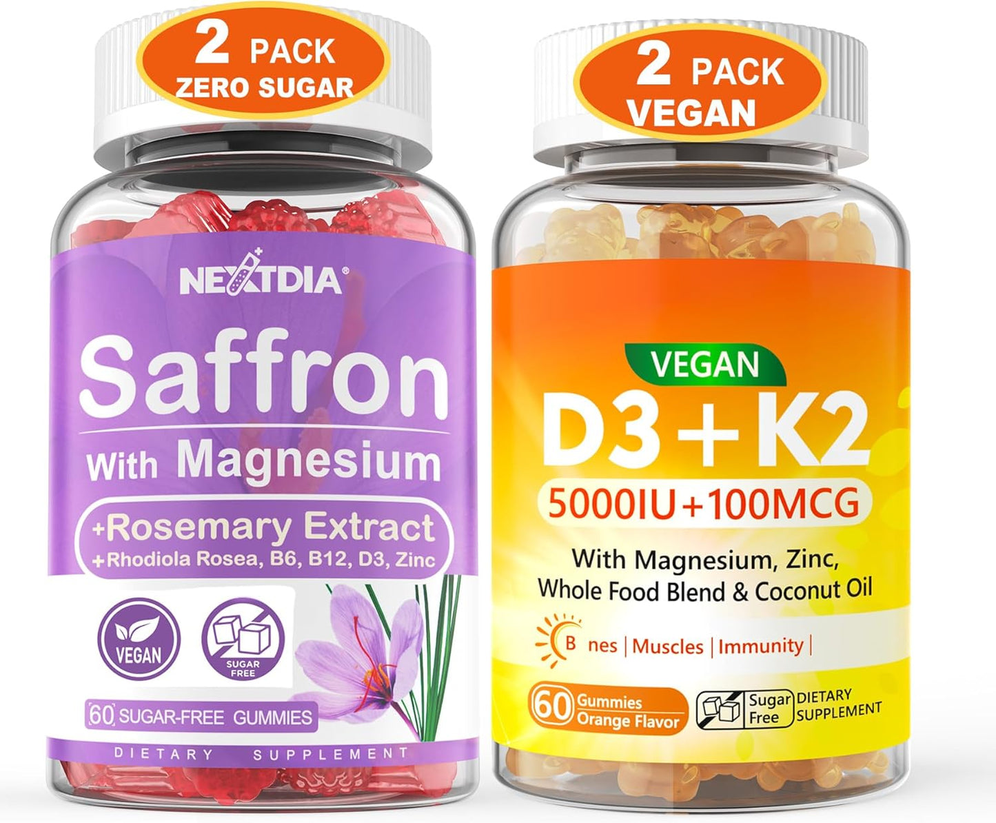 4-Pack Saffron and Vegan Vitamin D3 K2 Gummies with Whole Food Blend