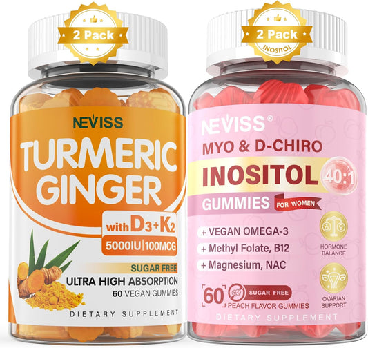 4-Pack Sugar Free Turmeric Ginger and Myo-Inositol Gummies for Wellness