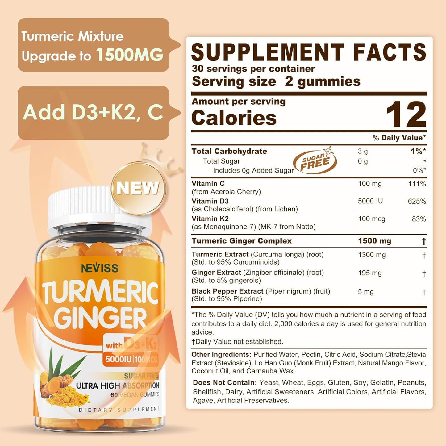 4-Pack Sugar Free Turmeric Ginger and Myo-Inositol Gummies for Wellness