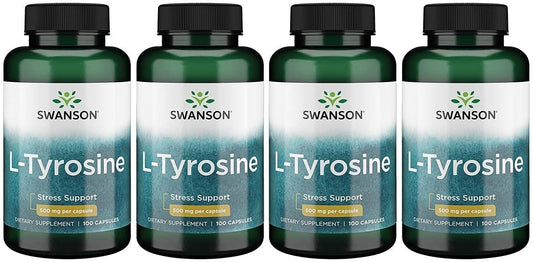 4 Pack Swanson L-Tyrosine Capsules - Amino Acid Supplement for Stress Support, Cognitive Function, and Overall Brain Health - BoostGo Australia