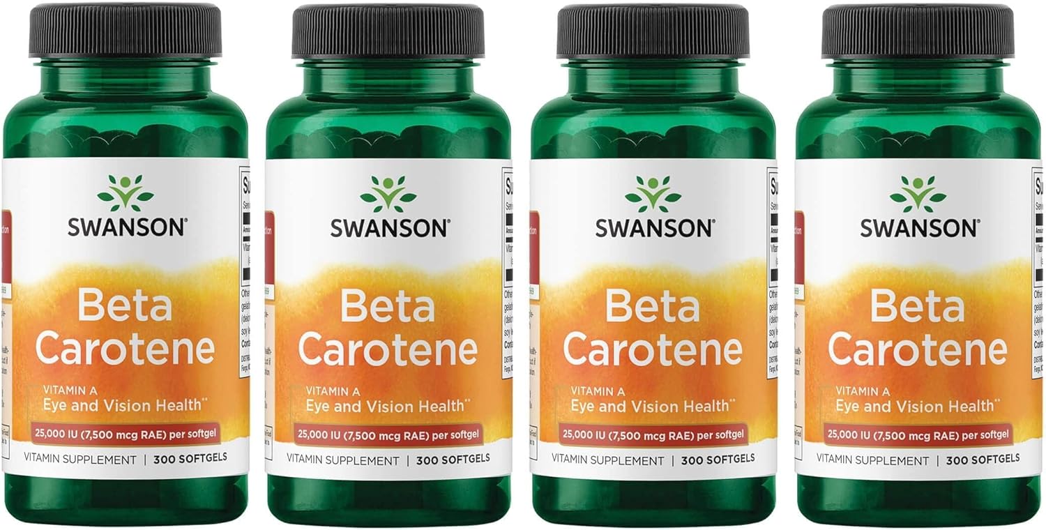 4 Packs of Swanson Beta-Carotene Vitamin A 25000 IU Softgels for Skin, Eye, and Immune System Health - Antioxidant Support - 300 Softgels in Each Pack