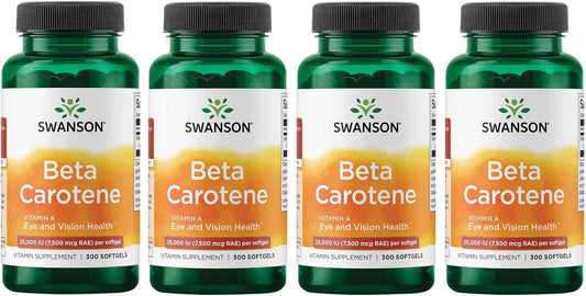 4 Packs of Swanson Beta-Carotene Vitamin A 25000 IU Softgels for Skin, Eye, and Immune System Health - Antioxidant Support - 300 Softgels in Each Pack