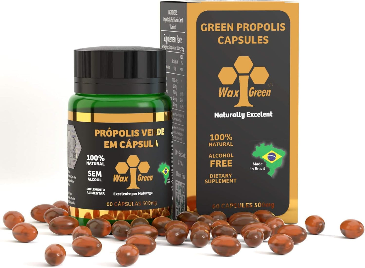 4 Packs of Wax Green Bee Propolis 500mg (240 Capsules) from Brazil