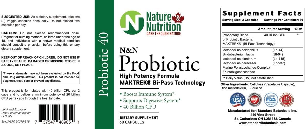 40 Billion CFU Probiotic Supplement - High Potency, 60 Capsules - Nature & Nutrition