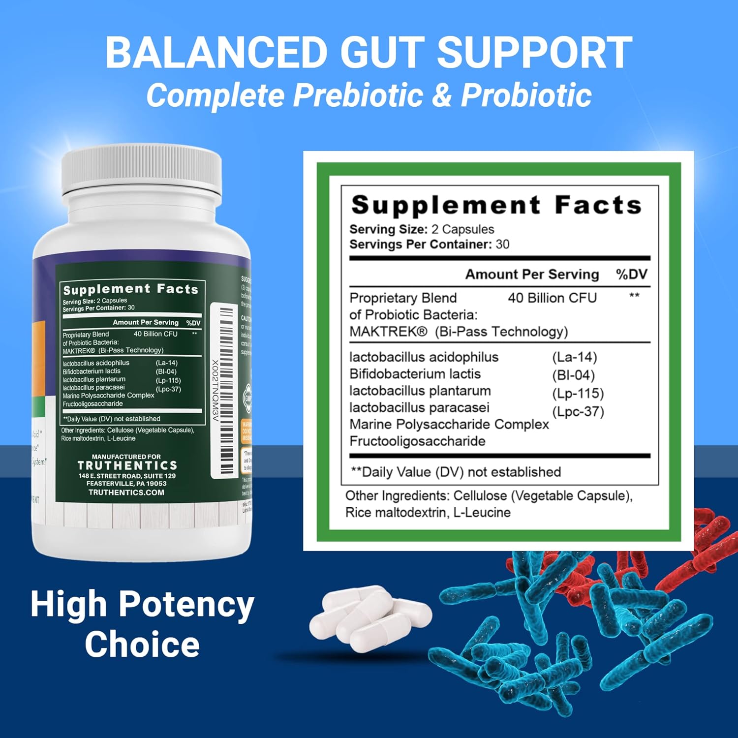 40 Billion CFU Probiotic with Prebiotics for Men & Women - Gluten Free, Non-GMO - Made in USA - 60 Capsules