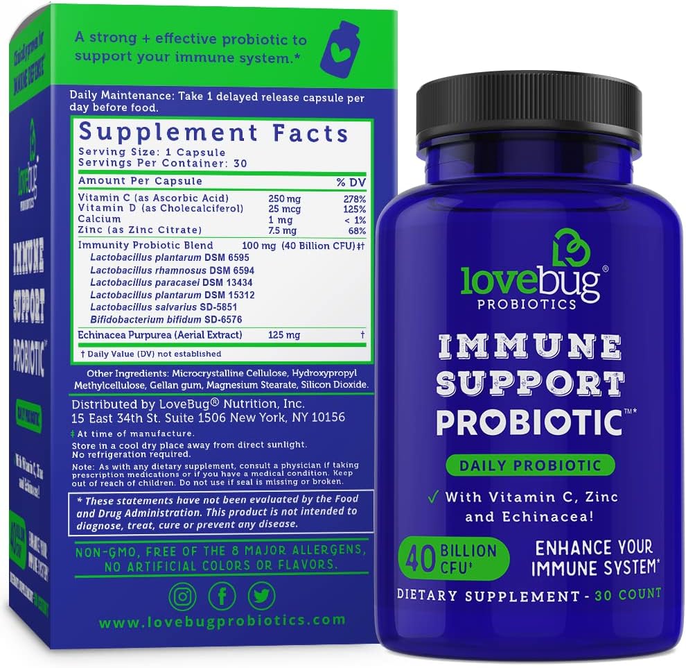 40 Billion CFU Probiotic with Vitamin C, Zinc & Echinacea for Immune Support - 30 Capsules, Vegan & Non-GMO