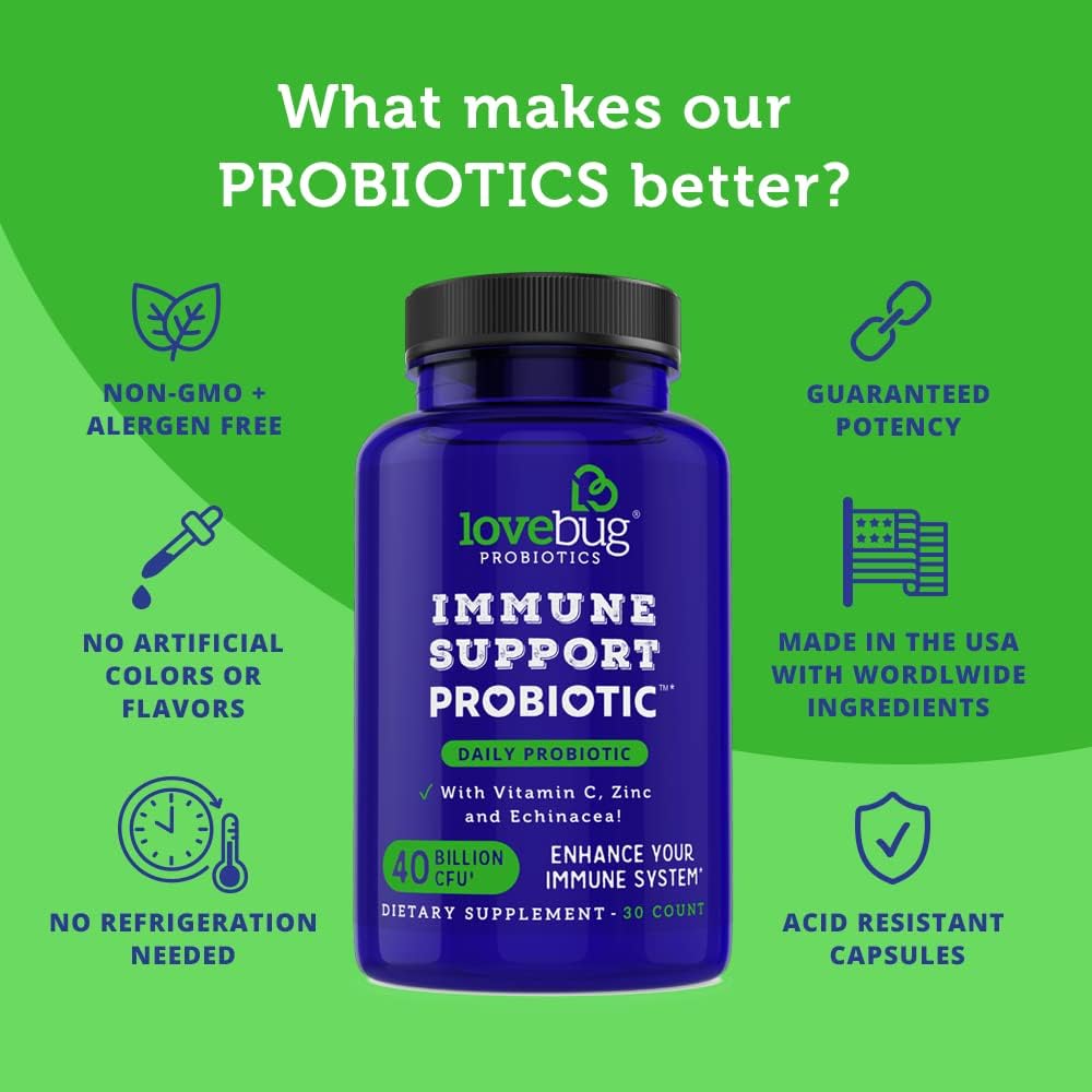 40 Billion CFU Probiotic with Vitamin C, Zinc & Echinacea for Immune Support - 30 Capsules, Vegan & Non-GMO