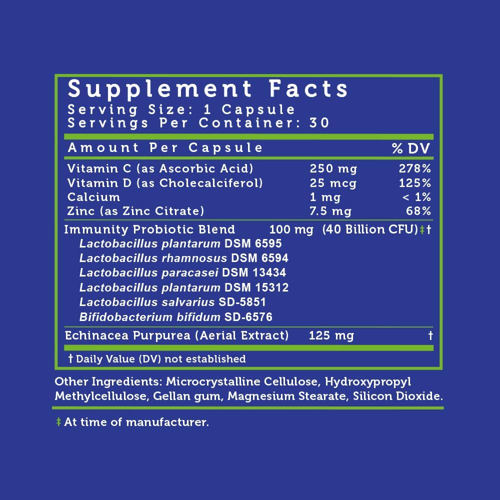 40 Billion CFU Probiotic with Vitamin C, Zinc & Echinacea for Immune Support - 30 Capsules, Vegan & Non-GMO
