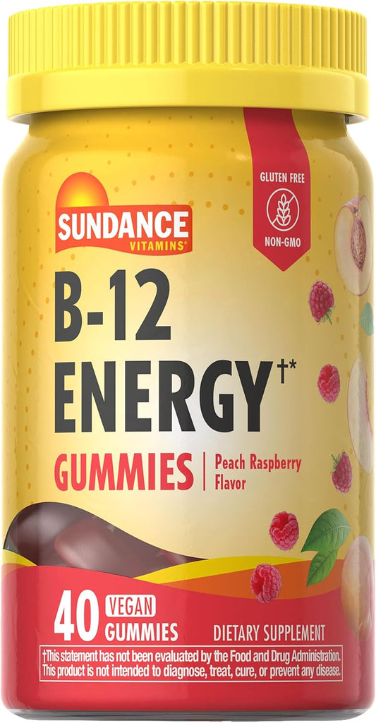 40 Count Vegan Peach Raspberry Flavor B-12 Energy Gummies | Sundance Non-GMO Gluten Free Supplement