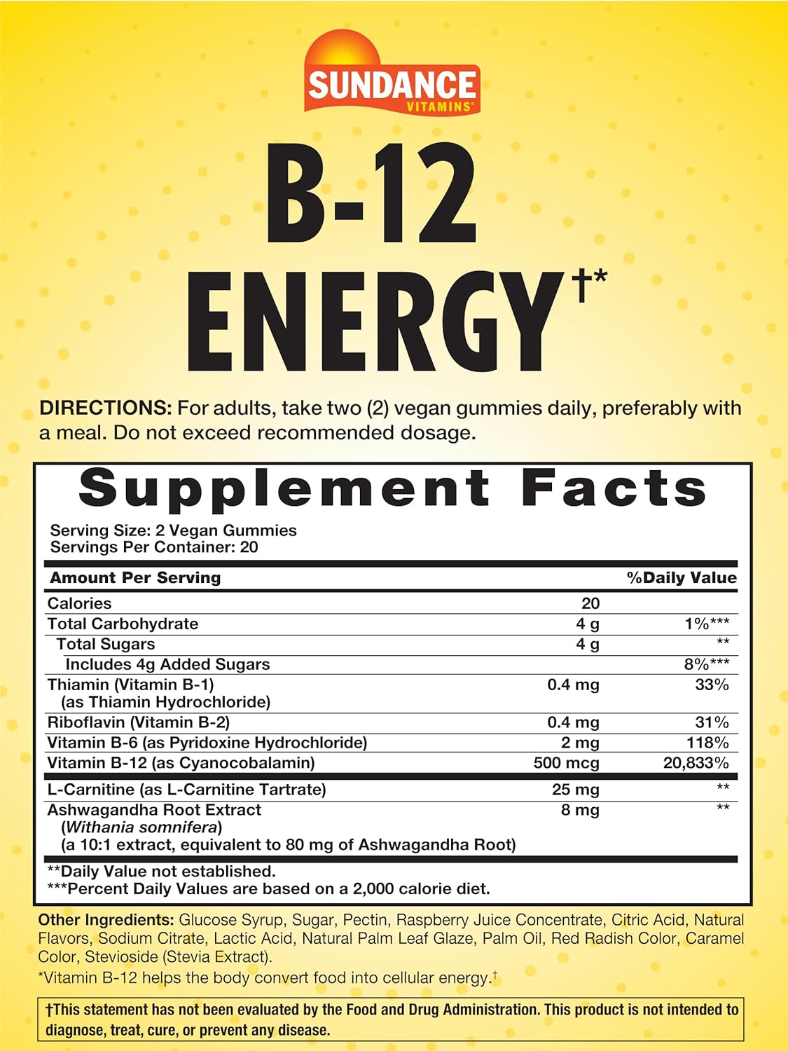 40 Count Vegan Peach Raspberry Flavor B-12 Energy Gummies | Sundance Non-GMO Gluten Free Supplement