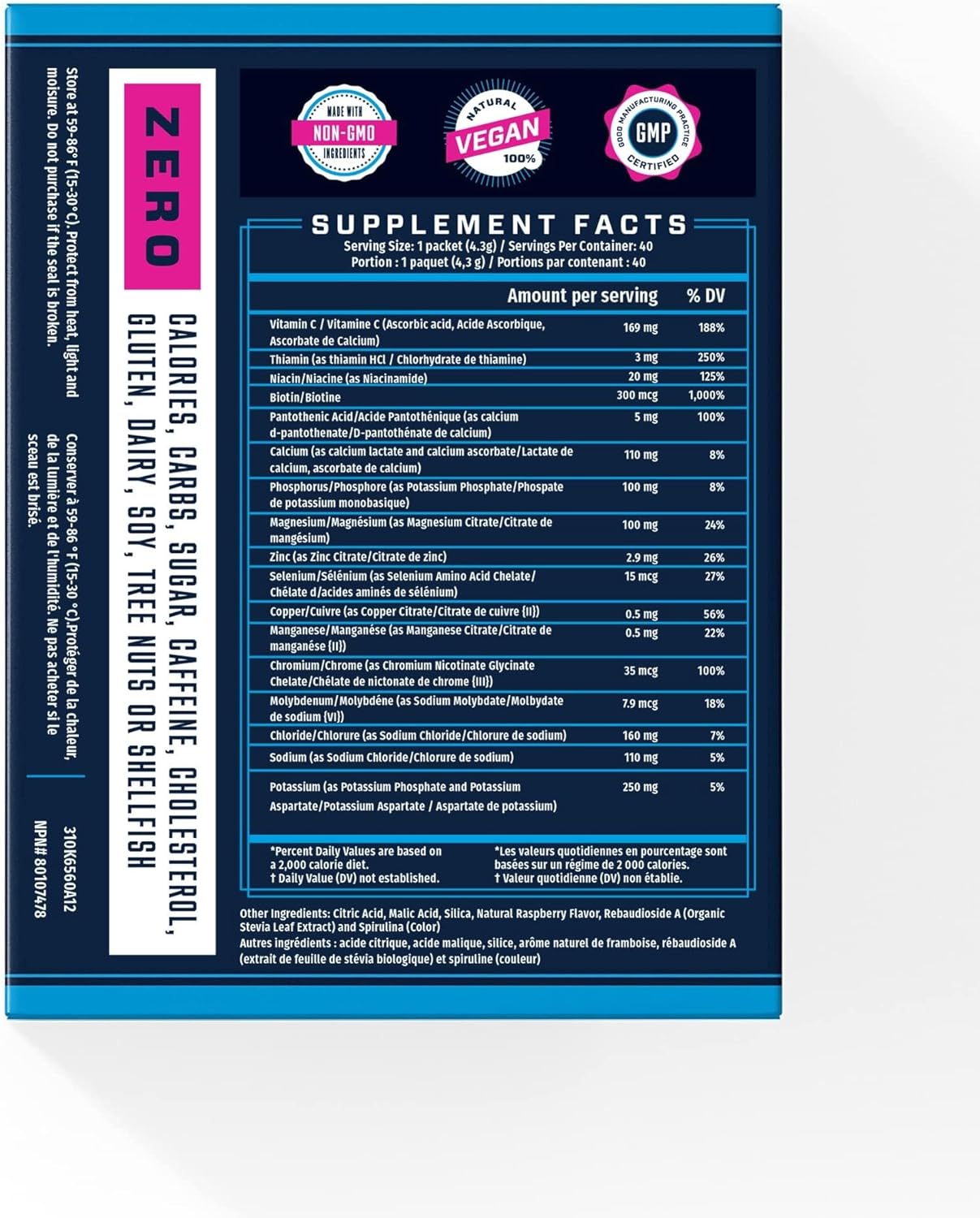 40 Pack Blue Raspberry Electrolyte Powder Packets for Hydration - Made in USA, No Sugar, Gluten Free